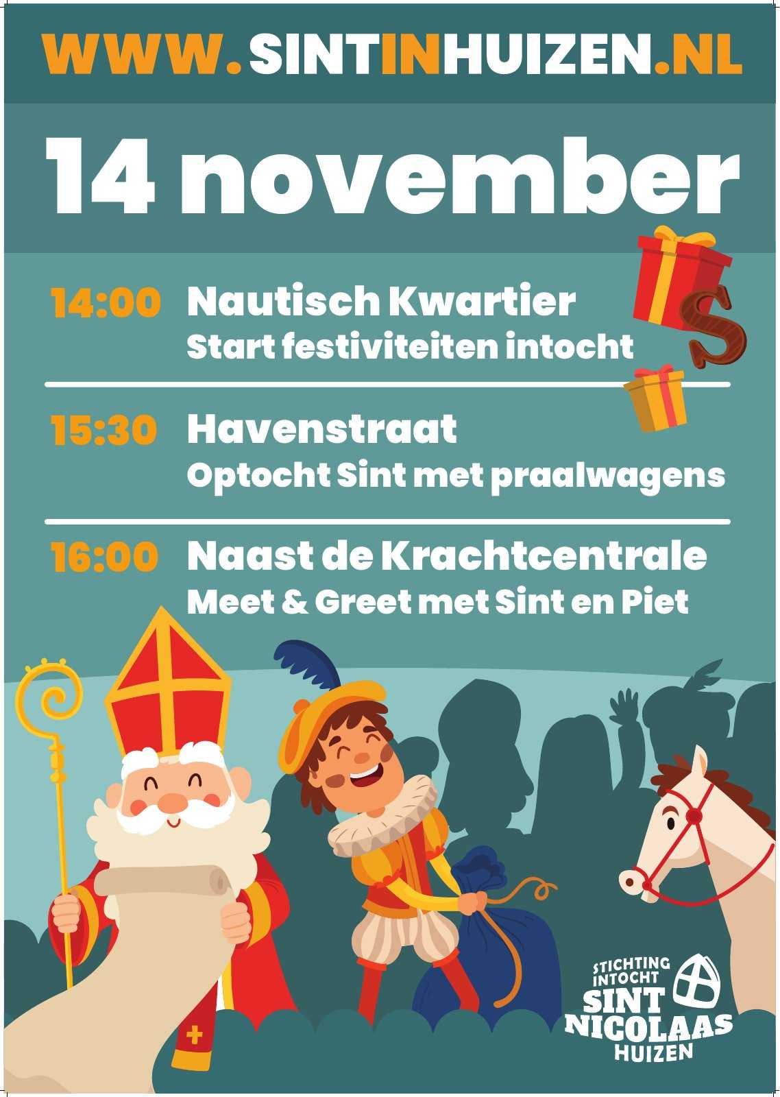 Flyer: 14 november 2026, 14:00 Nautisch Kwartier, 15:30 optocht Havenstraat, 16:00 Meet & Greet naast de Krachtcentrale